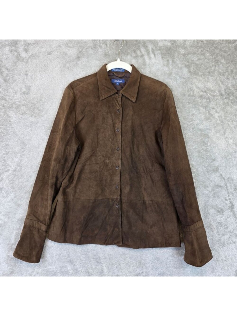 Faconnable Shirt Womens M Brown Suede Leather Button Front Collared Lined